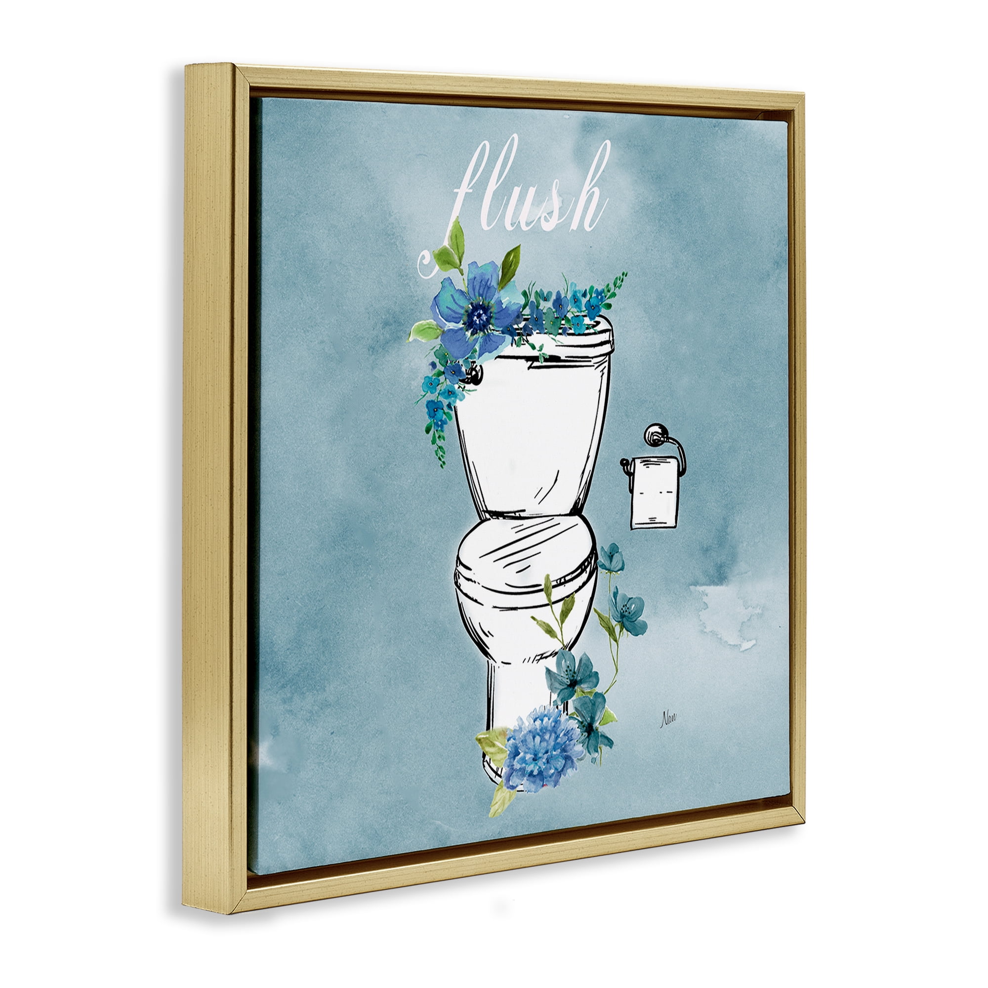 Stupell Industries Floral Bathroom Rules Flush Gold Framed Floater Canvas Wall Art, design by Nan