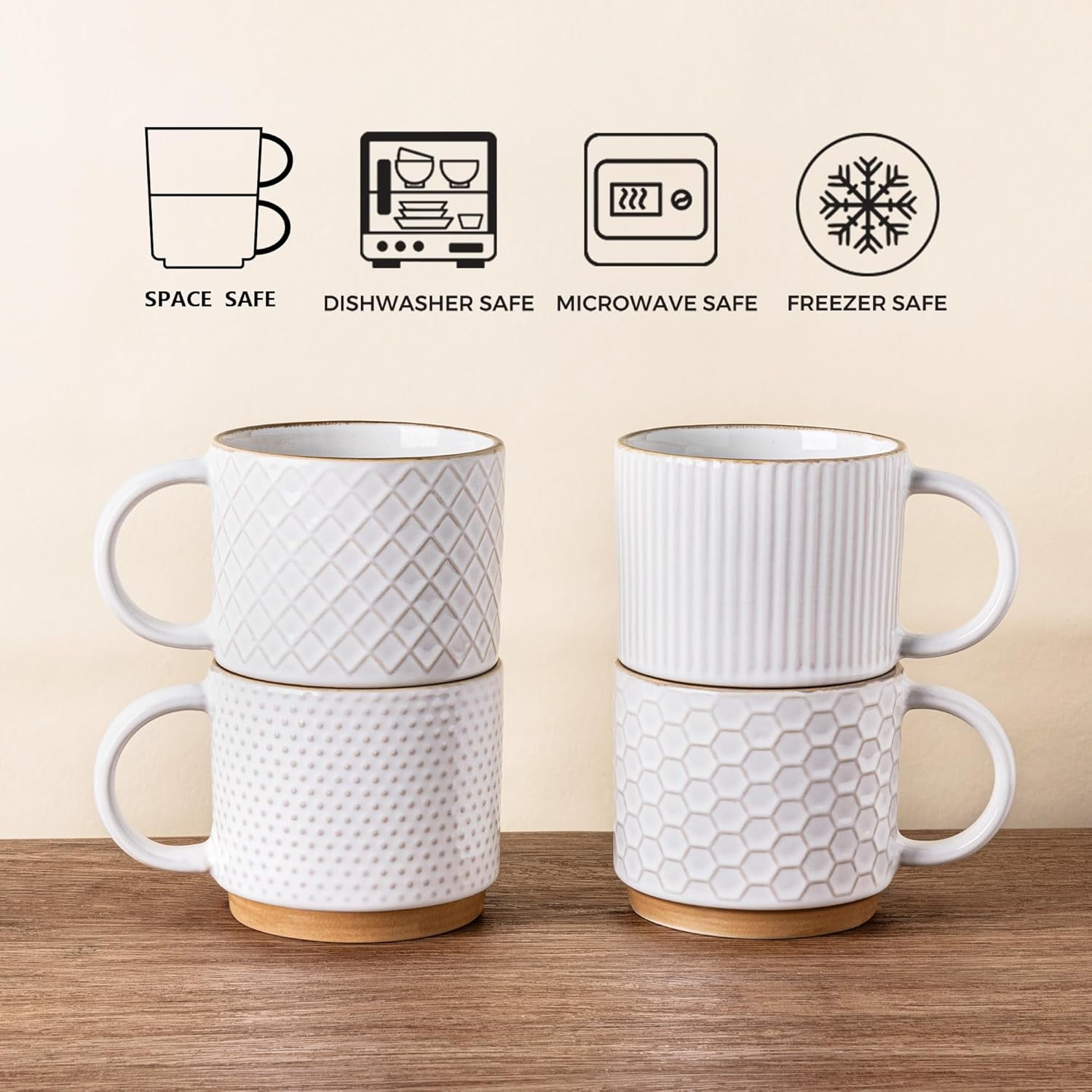 AmorArc 12OZ Stackable Ceramic Coffee Mugs with Texture Patterns, Modern Mug Set of 4 for Latte, Cappuccino and Cocoa, Dishwasher & Microwave Safe, off-white