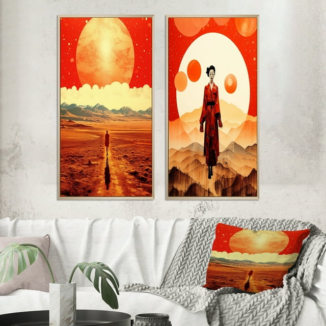 Designart "Japanese Geisha under the Full Moon II" Asian Woman Framed Wall Art Set Of 2 - Glam Red Frame Gallery Set For Office Decor
