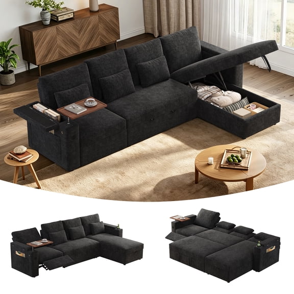 FFH 108" Sectional Sleeper Sofa with Pull Out Bed, Storage Chaise and USB Charging, L Shaped Couch for Living Room, Black