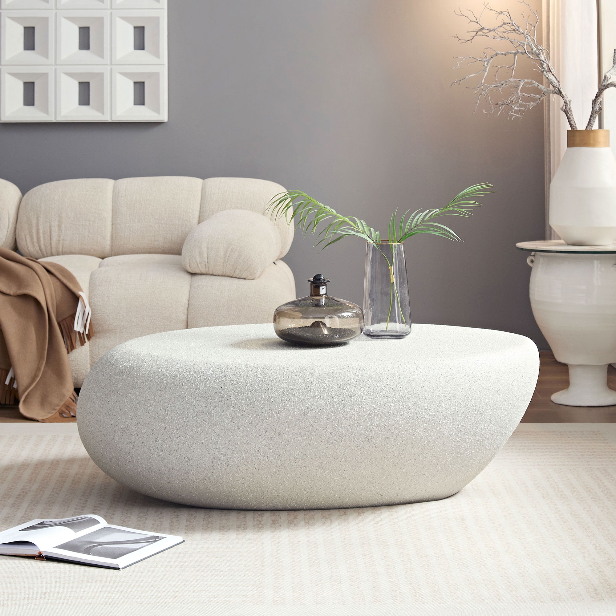 MAYEERTY 43.31'' Fiberglass Elliptical Coffee Table, Vintage Matte Rocks Sofa Side Table, No-Assembly Irregular Center Table for Living Room