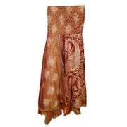 Mogul Womens Vintage Silk Sari Two Layer Printed Recycled Boho Style TWO In ONE Dress And Maxi Skirts