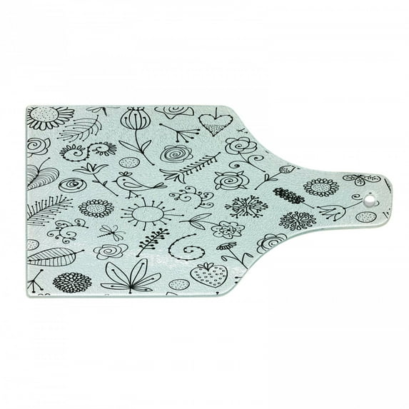 Leaf Cutting Board, Things from Nature in Sketch Form Birds Flowers Strawberry Sunflower Ferns Print, Decorative Tempered Glass Cutting and Serving Board, Wine Bottle Shape, Black White, by Ambesonne