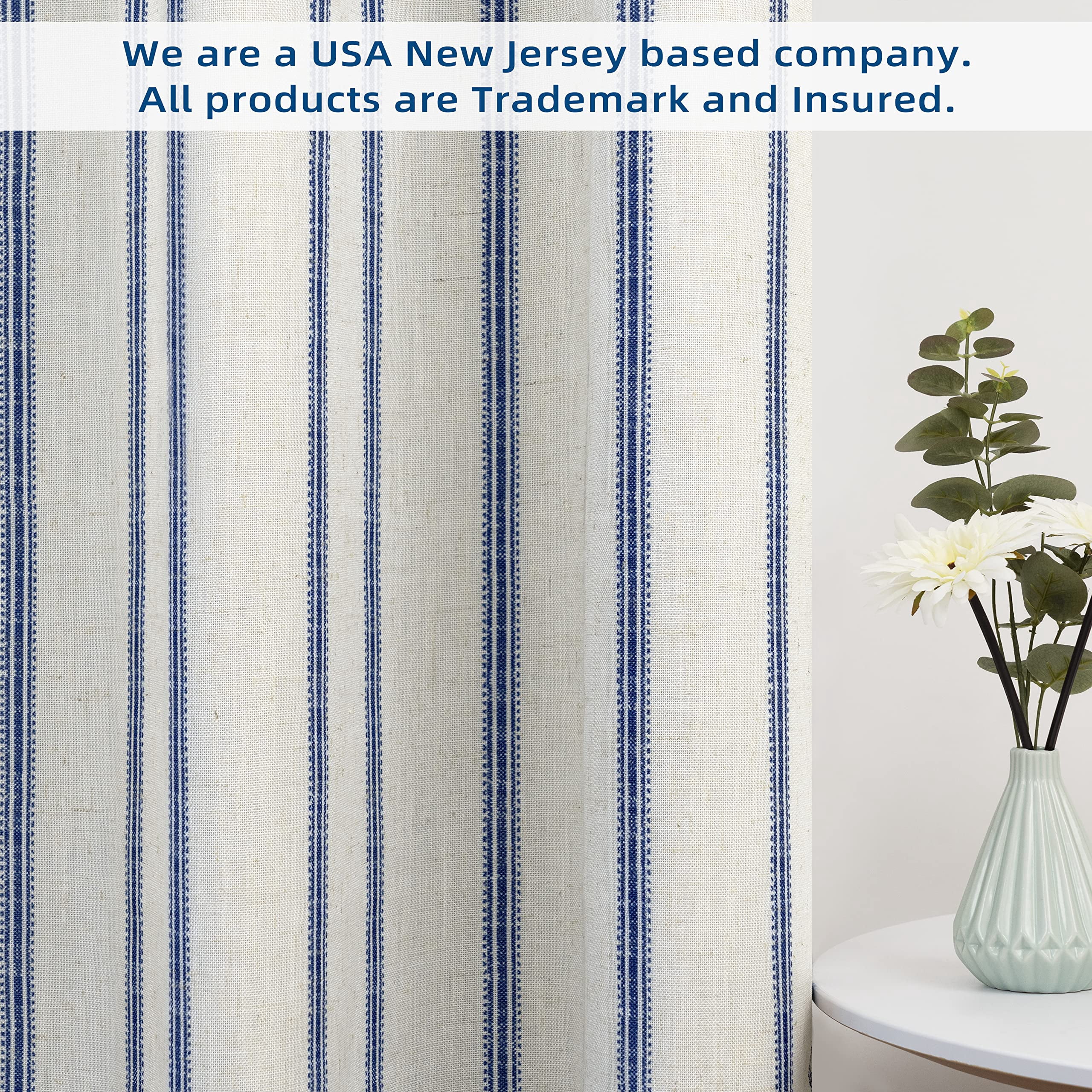 DriftAway Farmhouse Linen Blend Blackout Tie Up Curtain for Kitchen Vertical Striped Printed Tie Up Shade for Bedroom Adjustable Balloon Rod Pocket 63"L x 45"W Navy Blue