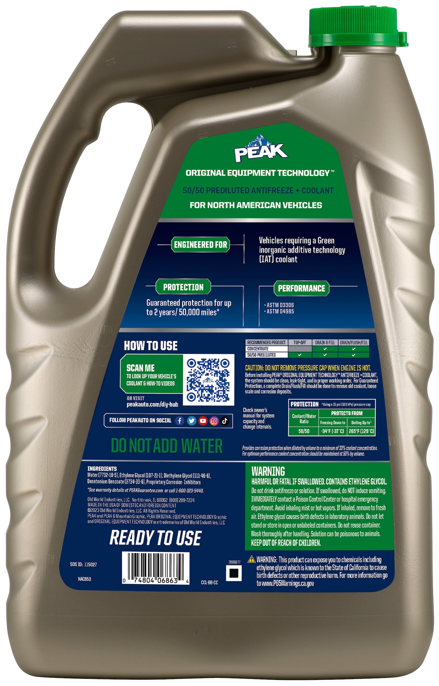 PEAK OET Low Silicate, Green Antifreeze & Coolant 2 Years or 50,000 Miles, 1 gal Jug