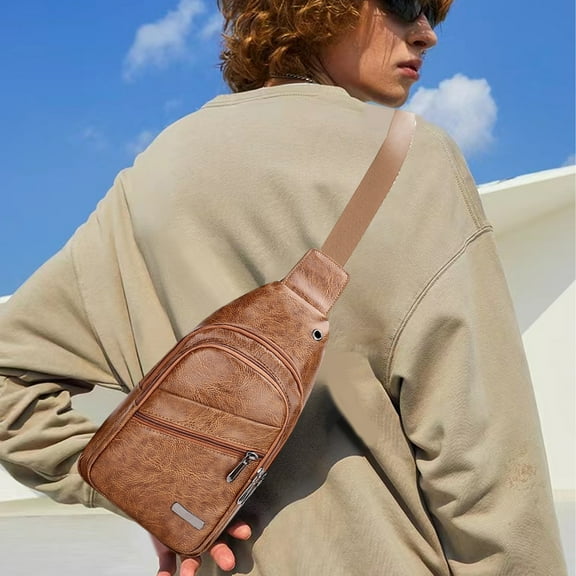 Men's Soft Leather Chest Bag,Stylish One Shoulder Sling Bag,Waterproof Crossbody Bag,Anti-Theft Messenger Bag,Casual Business Bag,USB Charging Interface,Multiple Storage Pockets