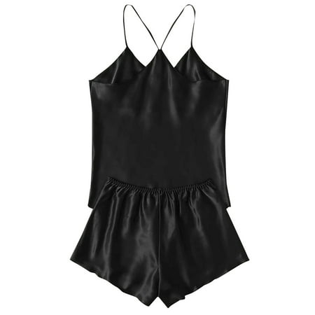 

Dtydtpe pajamas for women Women -Lingerie Sleepwear Satin Silk Lace Up Nightwear Pajamas Set Black