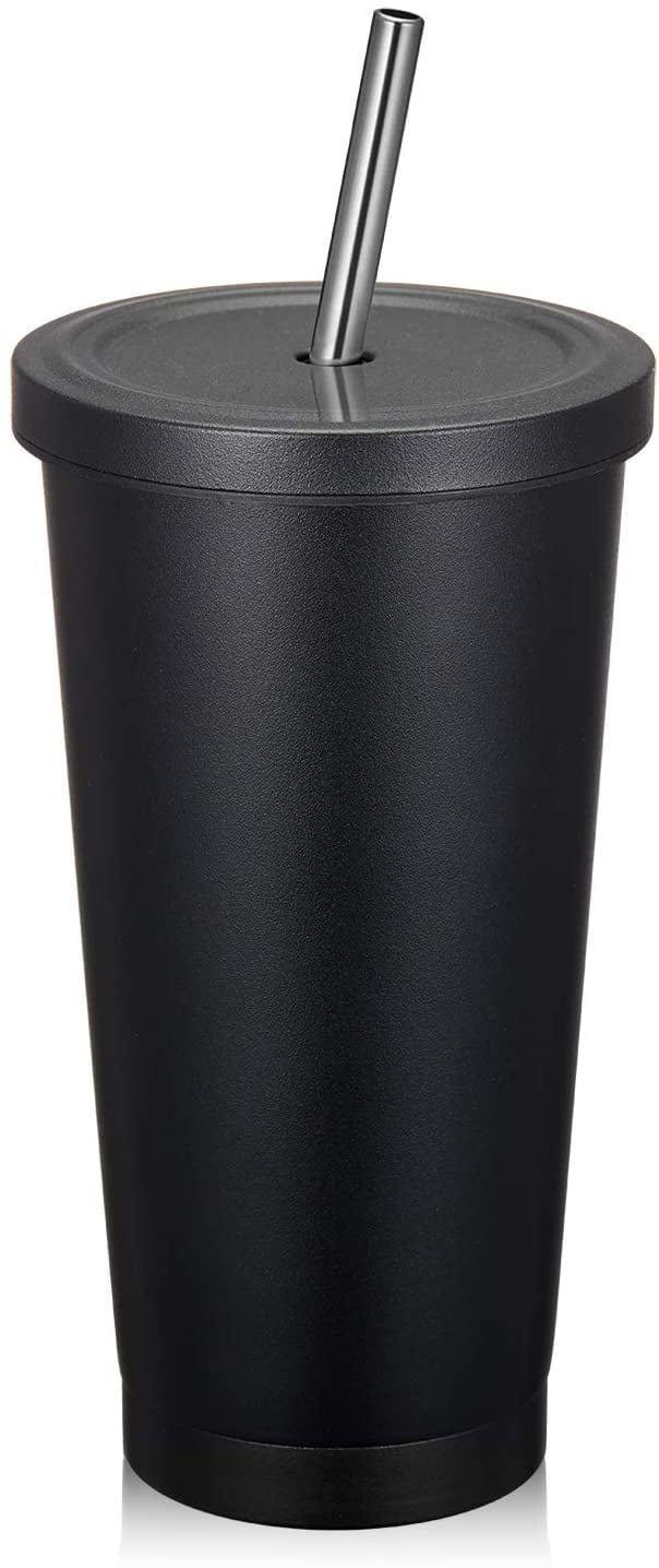 COMOOO Matte Black Tumbler with Straw 16oz Office Stainless Steel Coffee Tumbler with Lid Double Wall Insulated Tumbler Metal Tumbler Travel Mug To Go Design Coffee Tumbler for Home 1 Pack