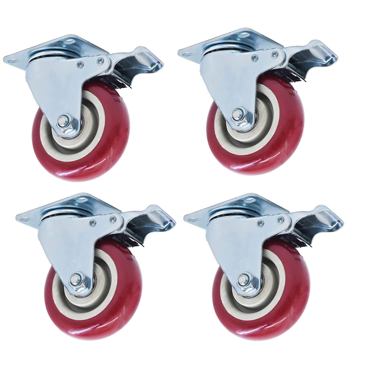 EPOTOOR 4 Pack Swivel Caster Wheels, 4 Inch Heavy Duty Industrial Casters with Brake No Noise Locking Casters for Industrial Furniture Work Bench Trolley Casters (Red)