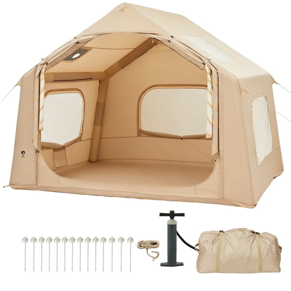 Inflatable Camping Tent for 2-6 Person, Quick Setup Blow Up Tent with Hand Pump, Waterproof 4 Season Air Glamping Tent with Skylight, Mesh Windows & Stove Jack, for Camping, Beach, Outdoor