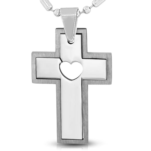 Stainless Steel Cross Love Heart Pendant Necklace, 23"