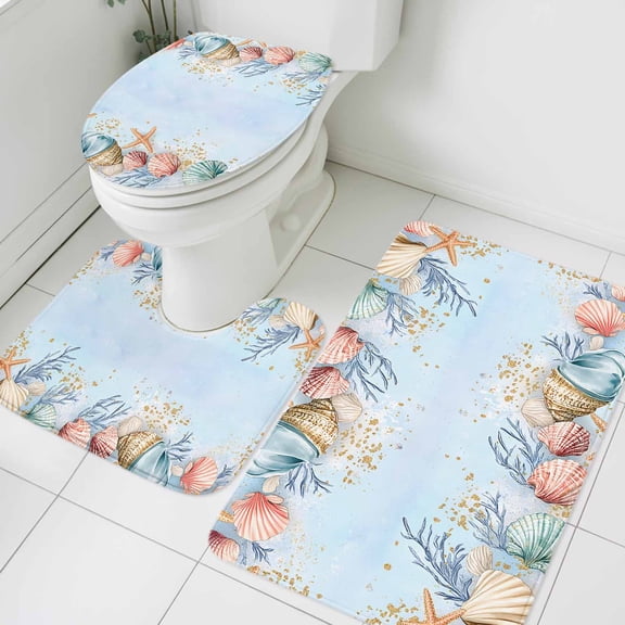 Summer Blue Bathroom Rugs Set Beach Theme Starfish Coral Shell Coastal Non Slip Absorbent Soft Bath Mats 3 Piece Set with Bathroom Rug, U-Shaped Floor Mat, Toilet Seat Cover Small Size