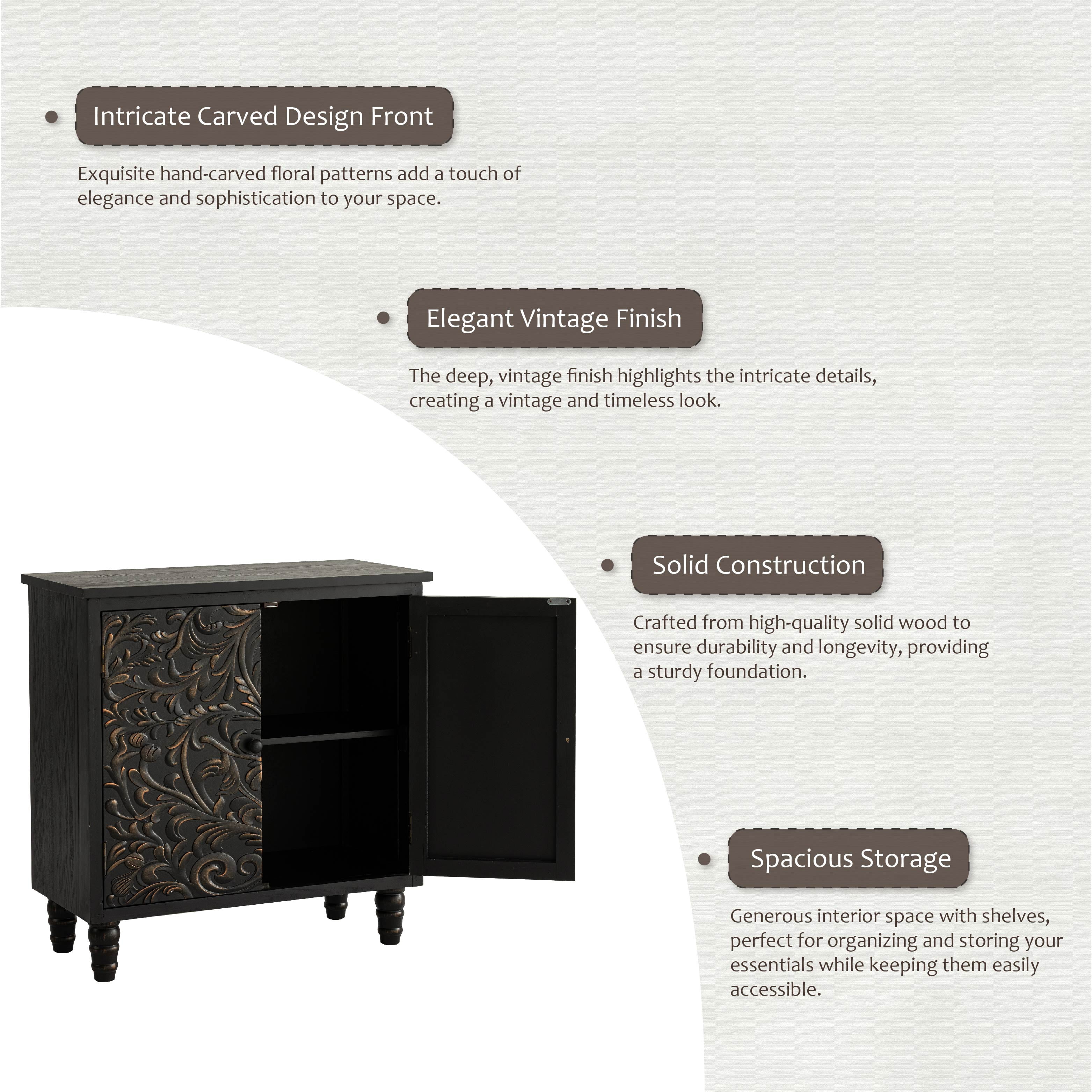 COZAYH 2 Door Farmhouse Storage Cabinet with Embossed Distressed Flower Motif, Vintage Side Table for Living Room, Bedroom, Boho, Black