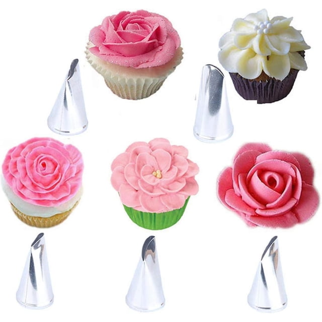 5 Pcs Rose Petal Piping Tips Cake Decorating Templates Stainless Steel Flower Shaped Cream Frosting Nozzles Cake Cupcake Decorating Kit