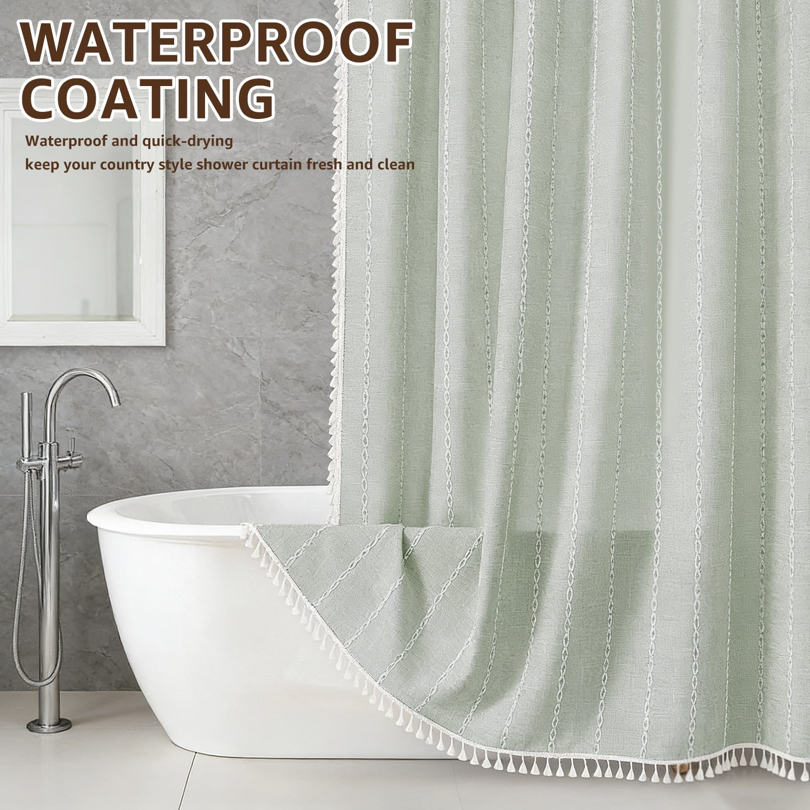 Dznils Boho Tassel Shower Curtain with Hooks, Farmhouse Thick Cloth Linen Fabric Bathroom Curtain, Green, 72" x 72"