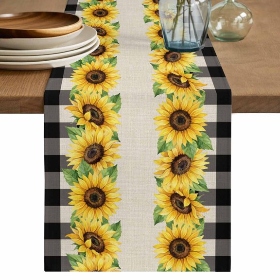 Sunflowers Table Runner 72 Inches, Farmhouse Vintage Plaid Country Floral Plants Bed Runner Dresser Scarves Tabletop for Indoor Outdoor Parties/Ceremony/Banquet, 14" x 72"