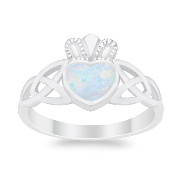 Heart Irish Claddagh Design Ring Lab Created White Opal 925 Sterling Silver Size 4