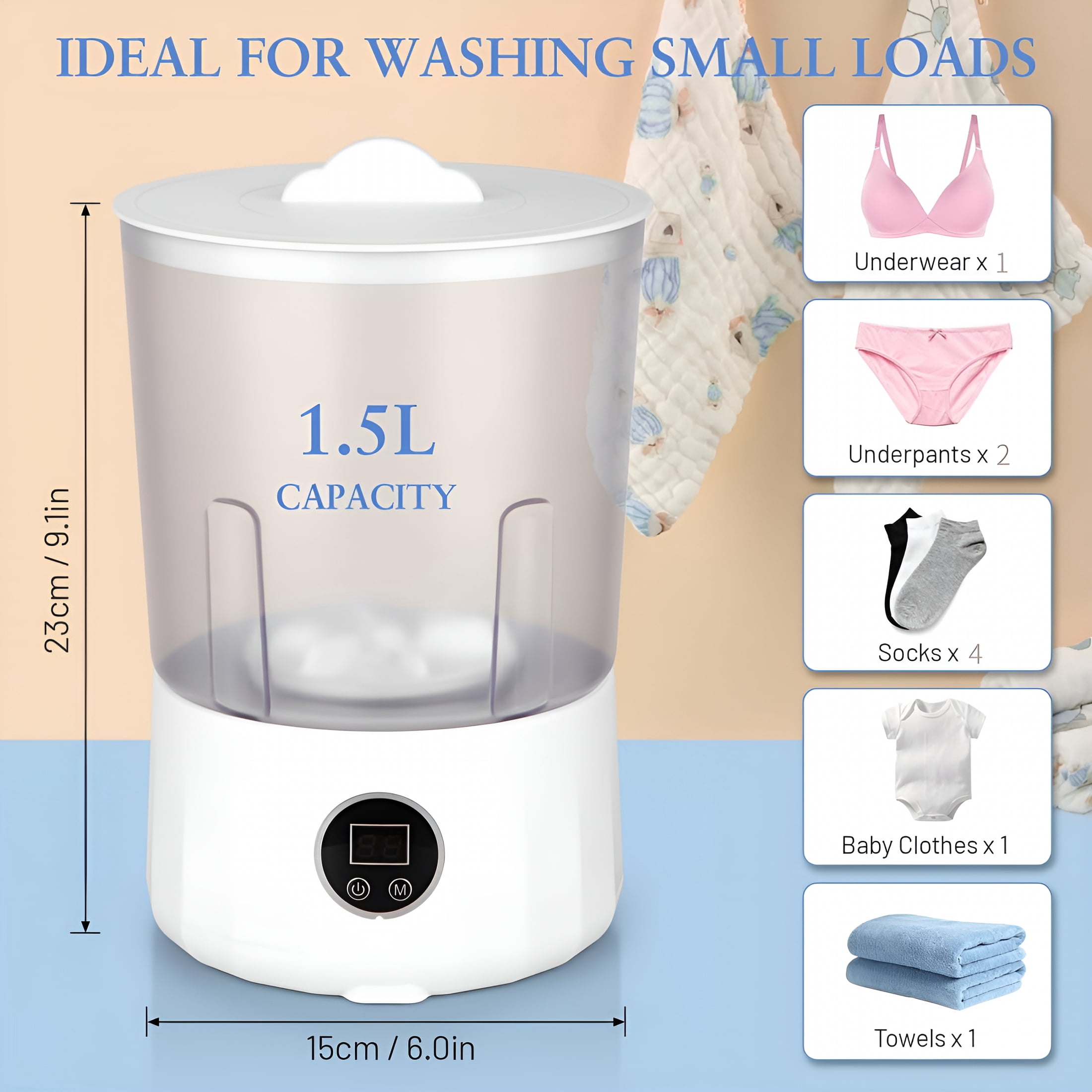 HIBIBUD 2026 New Portable Underwear Washer Compact Rechargeable Mini Washing Machine with 1.5L Inner Tub 3 Wash Modes 3000Mah Battery Ideal for Travel Dormitory Use Mini Portable Washing Machine