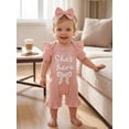 thumbnail image 6 of BemeyourBBs She‘s Here Baby Girls Spring Summer Fall Clothes Newborn Baby Girl Hospital Going Home Outfit Waffled Romper Bow Letter Print Ruffle Short Sleeve One Piece Jumpsuit with Headband, 6 of 9