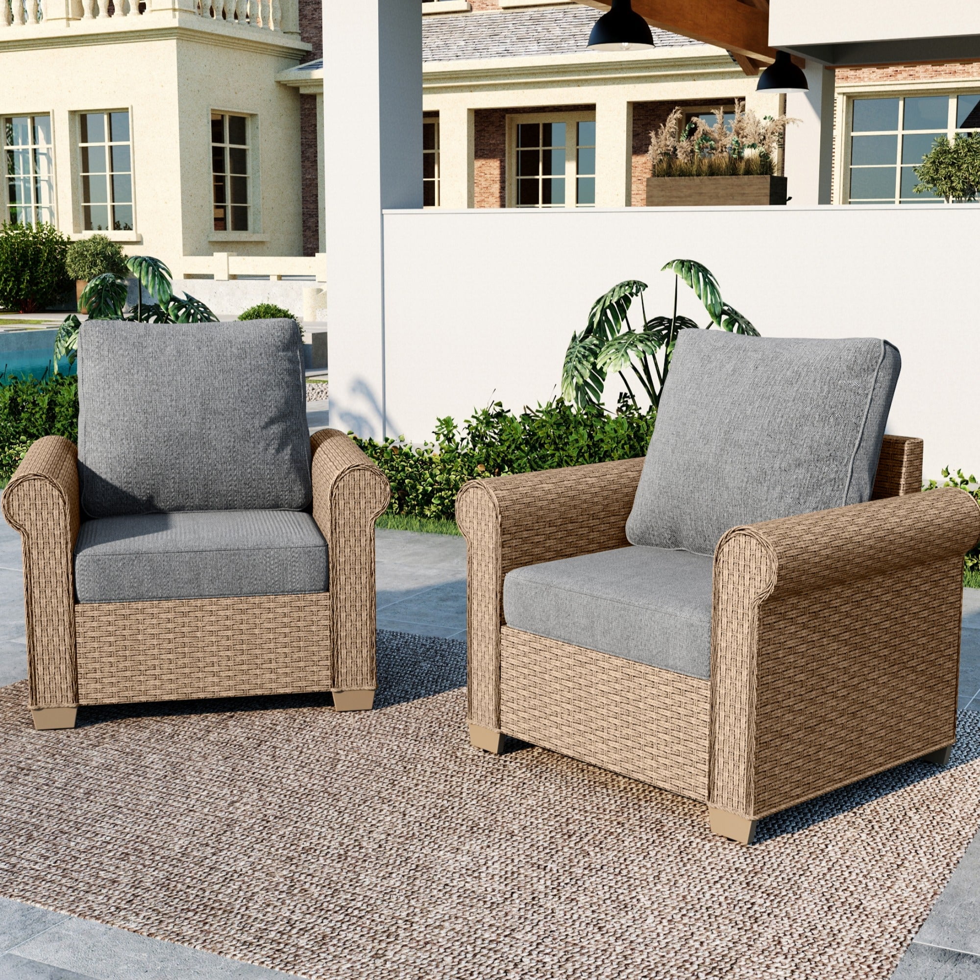 MF Studio 2-Pack Outdoor Wicker Club Lounge Chairs, Patio Furniture Set of 2, Gray Cushions