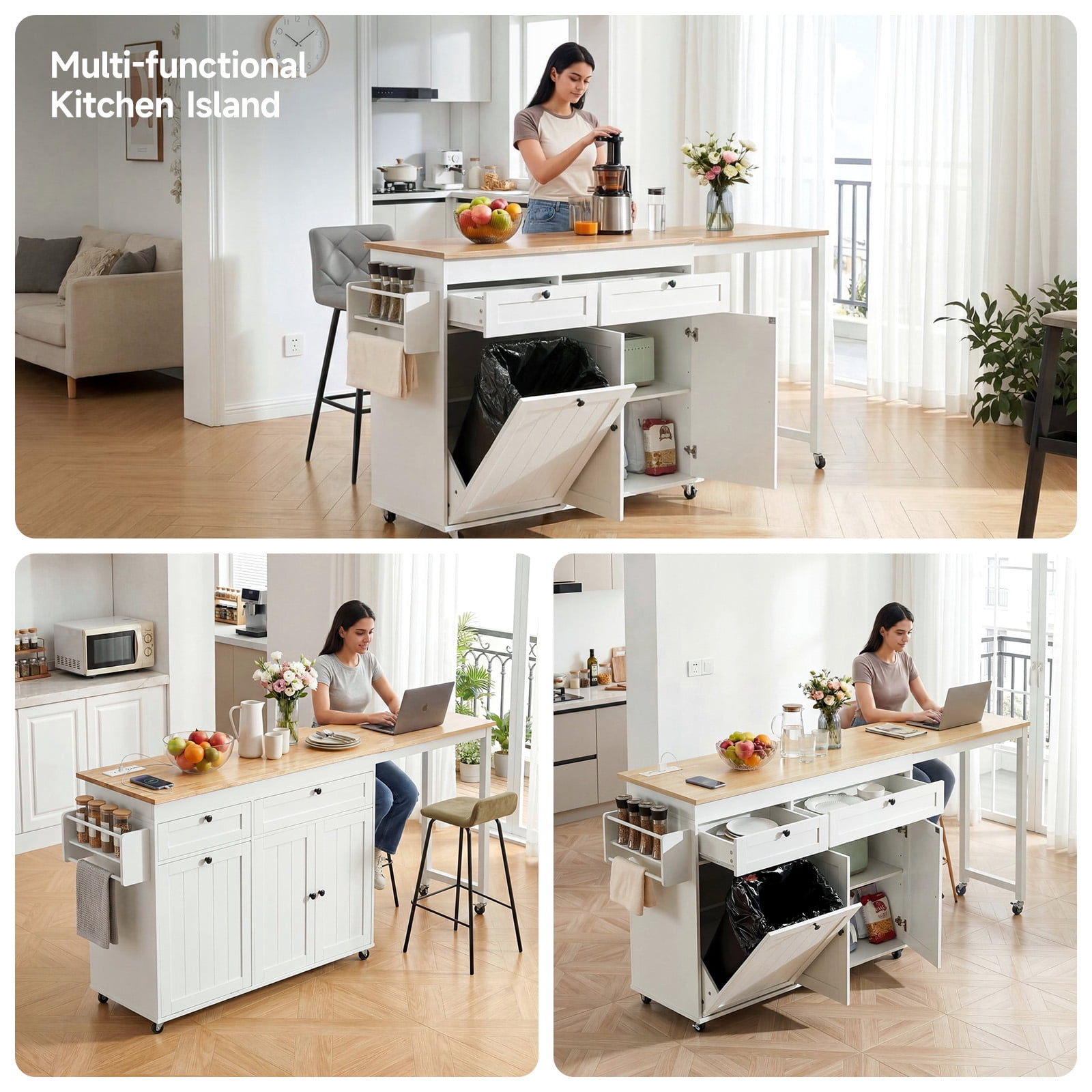ROGALIS Rolling Kitchen Cart w/Extendable Dining Table, 81.7" Mobile Kitchen Storage Islands w/Trash Cabinet, Power Outlet, Spice Rack & Towel Rack, White