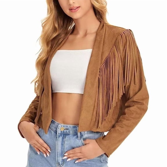 Morttic Women's Boho Faux Suede Fringe Crop Jacket – Long Sleeve Open Front Western Cowgirl Outerwear Fashion Streetwear Dark Brown,S