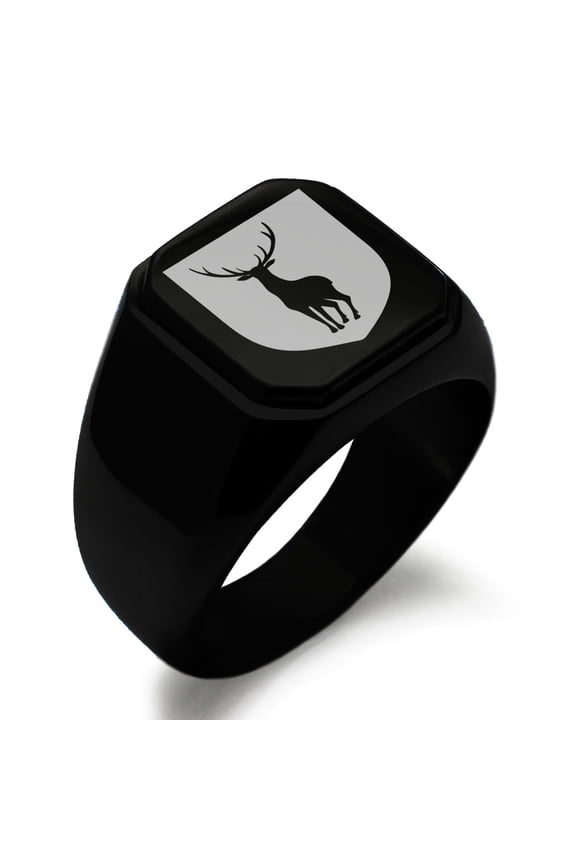 Stainless Steel Stag Purity Coat of Arms Shield Engraved Square Flat Top Biker Style Polished Signet Ring