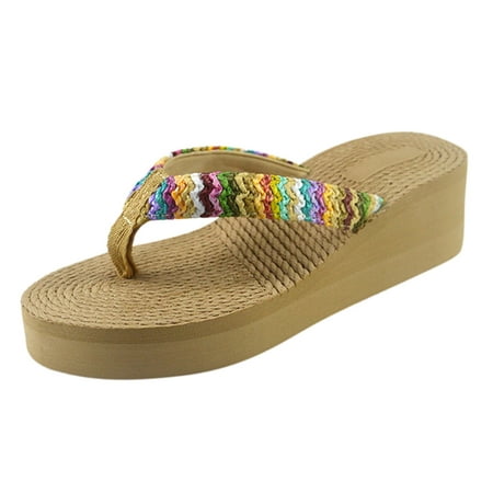 

Women s Platform Wedge Flip-Flops Bohemian Espadrille Beach Slides Summer Casual Anti Slip Clip Toe Heeled Sandals Slippers