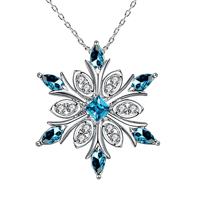 Collier Mode pour Femmes en Argent Sterling 925 avec Pendentif Flocon de Neige et Cristaux Bleus, Chaîne Os de la Clavicule