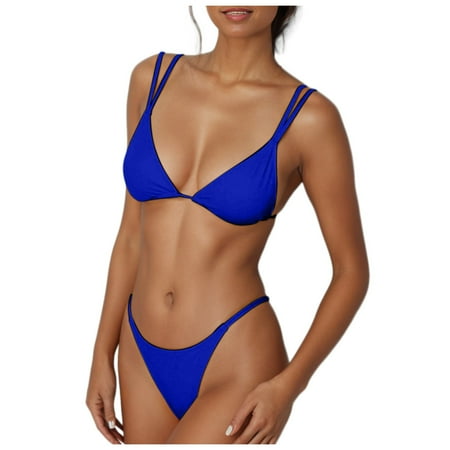 HAJGJP Swim Bikini Women s Sexy Thong Bottom Two Piece Bikini Double Shoulder Straps Cute Swimsuit Triangle Bathing Blue L