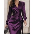 thumbnail image 4 of Purple Solid Color Elegant V-Neck Long Sleeve Wrap Waist Tie Fitted Midi Dress For Formal Occasions, 4 of 5