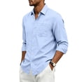thumbnail image 5 of Dwelliawo Men Linen Cotton Button Down Shirt Long Sleeve Collared Top Lightweight Breathable Solid Color With Chest Pocket Casual For Summer Beach Office Daily Wear Light Blue L, 5 of 5