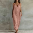 thumbnail image 3 of Lmueinov Women's Cotton Linen Spaghetti Strap Maxi Dress V Neck Button Down Loose Long Dress with Side Pockets Casual Flowy Dress for Summer Beach Vacation, S-XXL, 3 of 3