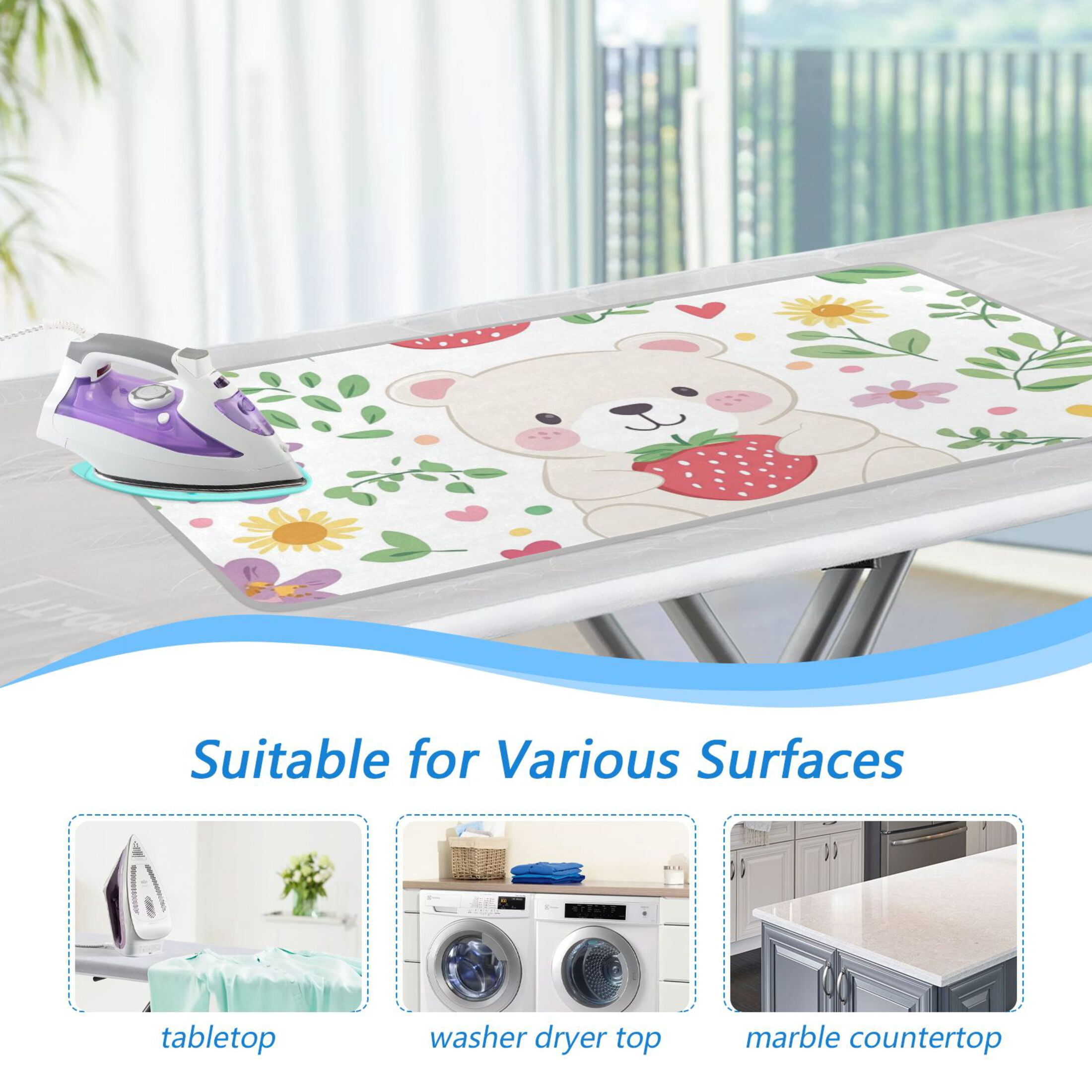 Cute White Bear Holds Strawberries Flowers Ironing Mat Blanket Portable Travel Ironing Pad Heat Resistant Pad 47.2" x 27.6”
