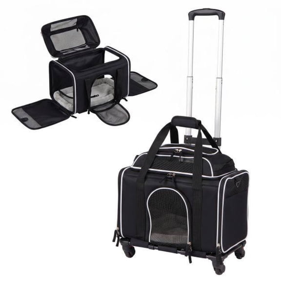 Foldable Pet Carrier with Wheels, Airline Approved, Rolling Cat and Dog Carrier, Black