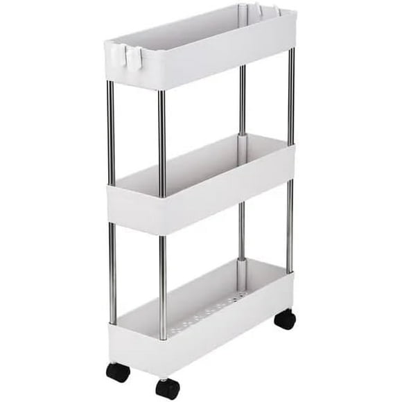3-Tier Slim Storage Cart, Kitchen Rolling Utility Cart, Storage Organizer Shelf Rack, Mobile Shelving with 3 Storage Baskets for Kitchen, Living Room, Bathroom, Laundry Room