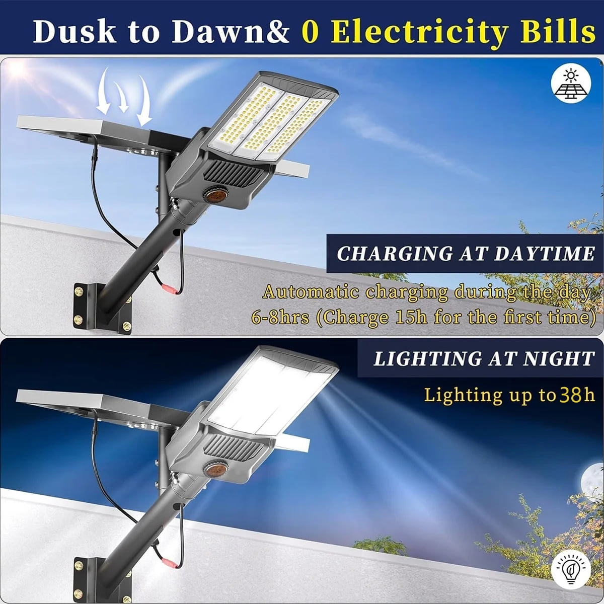 Gefolly 15000W Solar Street Lights, 1950000 LM, Dusk to Dawn, IP67 Waterproof for Outdoor Courtyard, Patio, Road