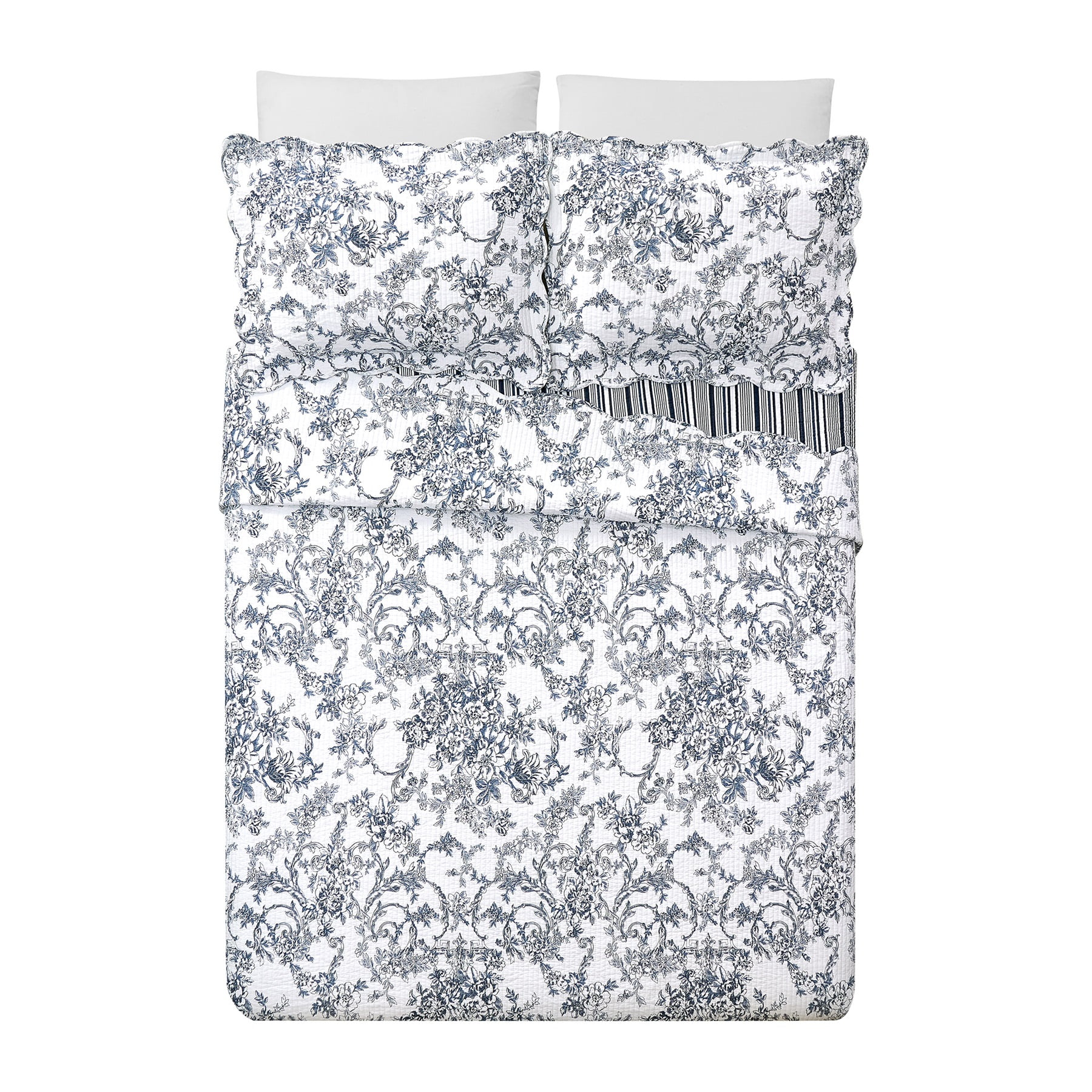 Modern Heirloom Garden Toile Blue 3-Piece Reversible Quilt Set, King