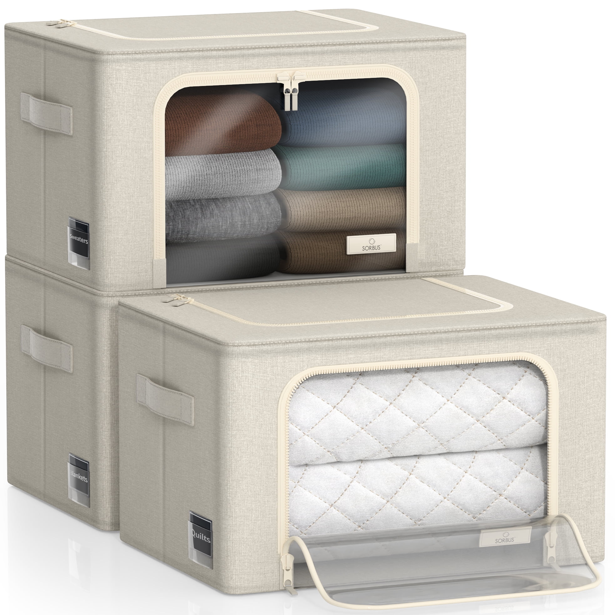 Sorbus Storage Bins with Metal Frame - Stackable & Foldable Clothes Organizer Bags - Oxford Fabric Storage Containers with Large Clear Window & Carry Handles Organization for Bedding Linen & Clothing