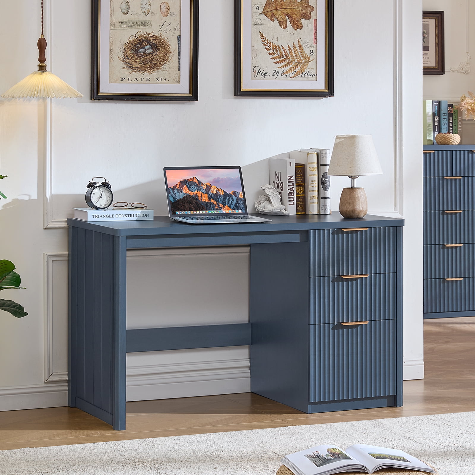 Joaxswe 48" Fluted Executive Desk, Modern Wood Home Office Desk with Storage Cabinet & File Drawer, Writing Study Computer Table for Work Study, Navy