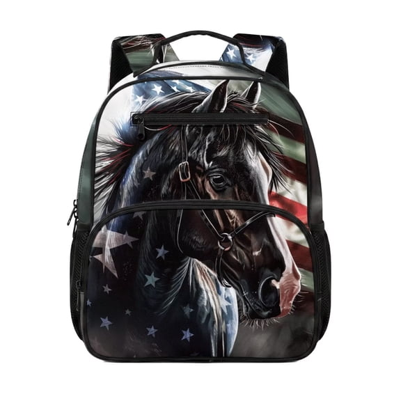 Jeiento Horse Preschool Backpack for Toddler, American Flag 13.5 Inch Kids School Backpack for Boys 3-5, Lightweight Bookbag with Mesh Side Pockets