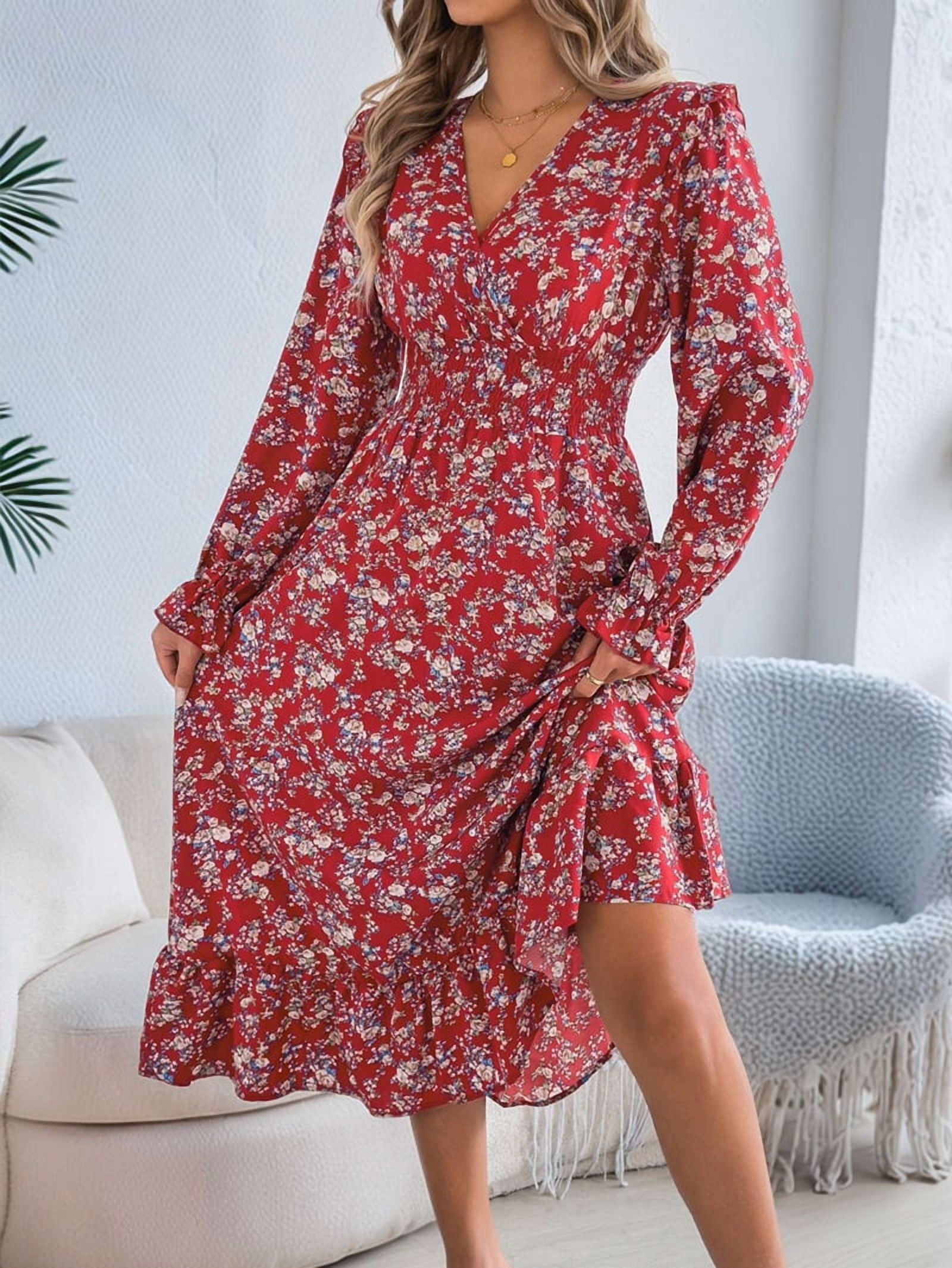 Women'S Long Sleeve Floral Print V-Neck Ruffle Hem Maxi Dress Shirred Waist Red M