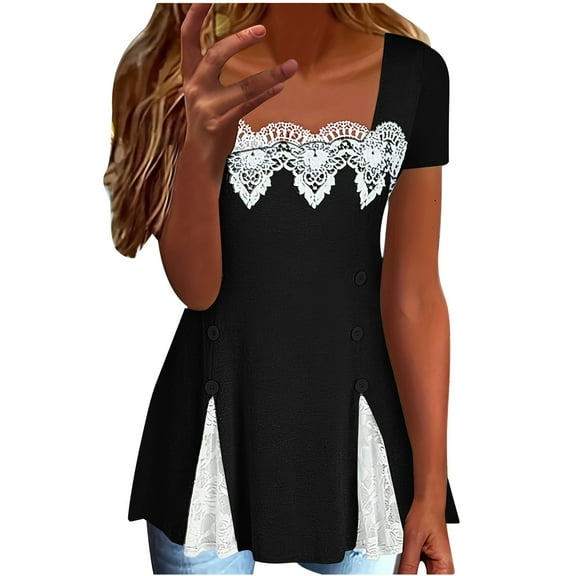 Summer Women Square Neck Short Sleeve Shirts Lace Tunic Tops Solid Basic Blouses Dressy Casual Tshirts Flowy Tops Elegant Loose Tunics