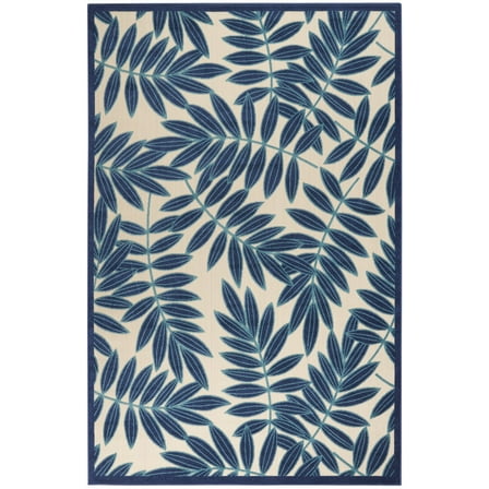 6â€™ x 9â€™ Navy and Beige Leaves Indoor Outdoor Area Rug
