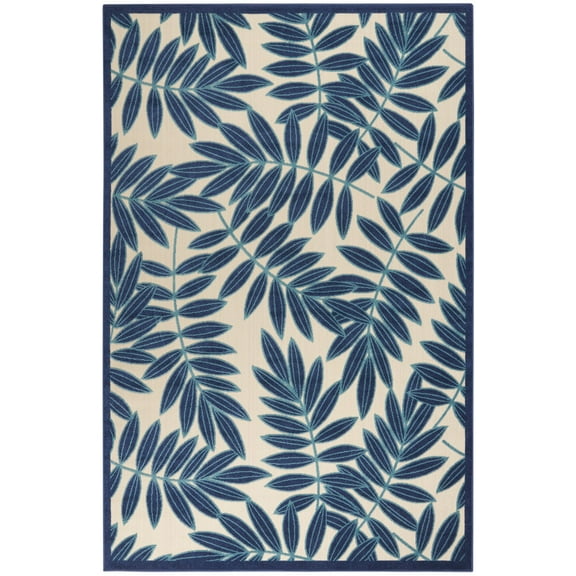 6â€™ x 9â€™ Navy and Beige Leaves Indoor Outdoor Area Rug
