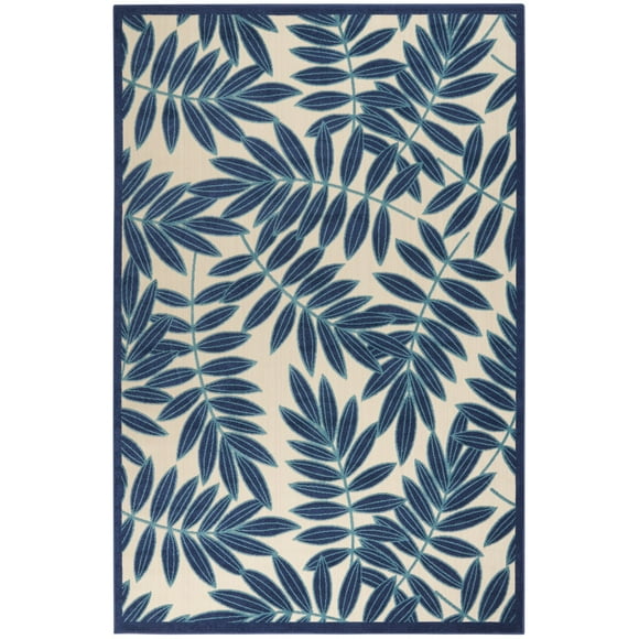 homeroots outdoor 385233 6’ x 9’ Navy and Beige Leaves Indoor Outdoor Area Rug