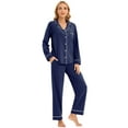 thumbnail image 3 of GEX 100% Cotton Pajamas for Women PJ Set Soft Button-Down 2 Piece Set Knitted Long Sleeve Sleepwear Loungewear Navy Blue 2XL, 3 of 7