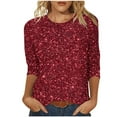 thumbnail image 2 of ClodeEU Womens Printed Sequin Seven Tenths Sleeve Round Neck T Shirts,Casual Trendy Slim Tee Tops B-Red,Womens Plus S, 2 of 5