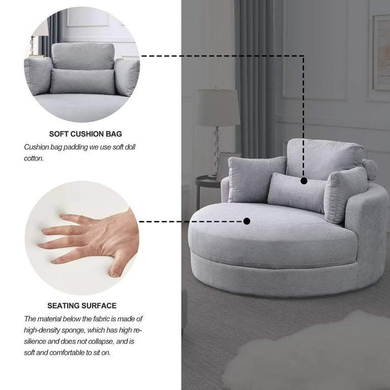 Swivel Barrel Chair with Storage Ottoman 51 Round Accent Chair Lounge Chair with Pillows Linen Fabric Upholstered Oversize Sofa Chair Reading Chair