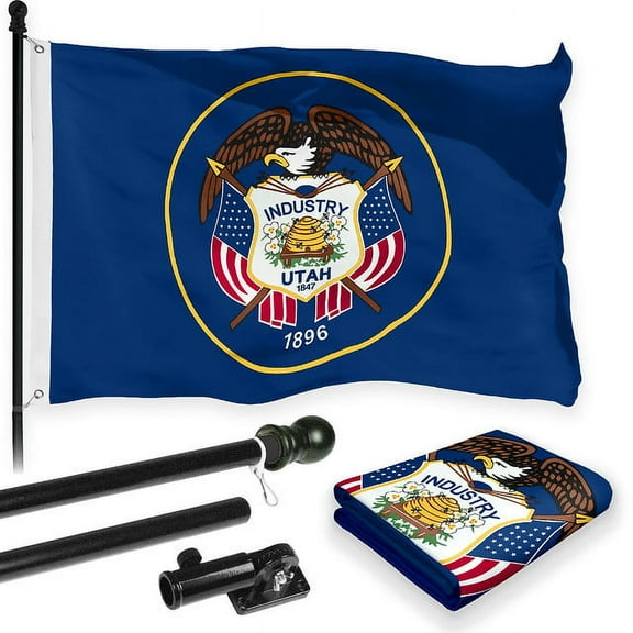G128 Combo Pack: 6 Feet Tangle Free Spinning Flagpole (Black) Utah UT State Flag 3x5 ft Printed 150D Brass Grommets (Flag Included) Aluminum Flag Pole